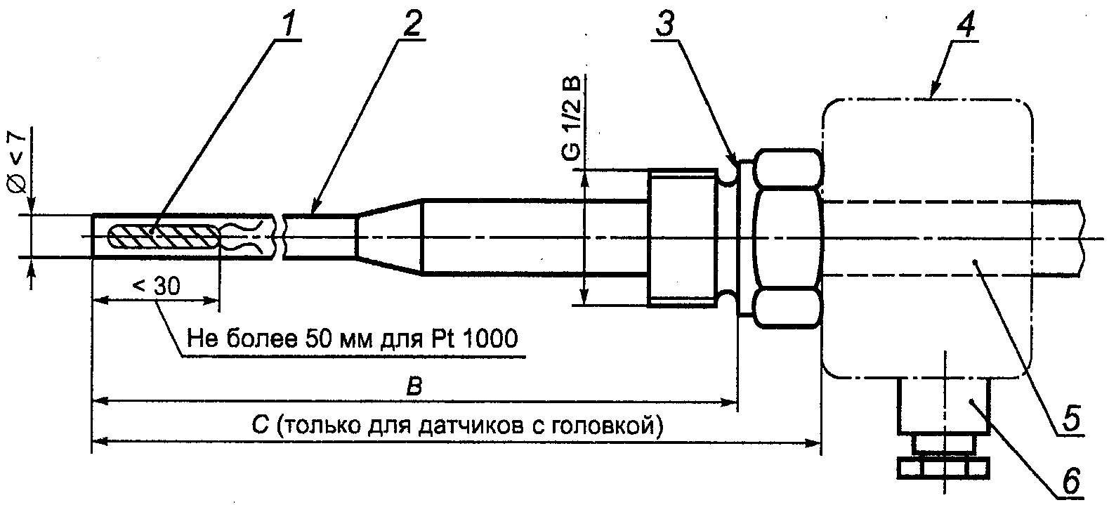 3.2.3. Размеры прямо устанавливаемых длинных датчиков - тип DL